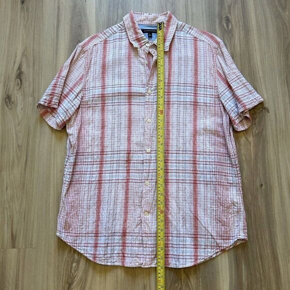 Banana Republic Short Sleeve Button Down Linen Cotton Plaid Orange White Blue L - Picture 4 of 9